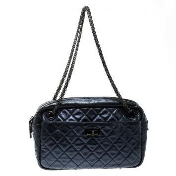 Pre Owned Chanel Metallic Blue Quilted Leather Medium Reissue Camera Bag