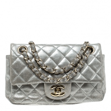 Pre Owned Chanel Silver Quilted Leather New Mini Classic Single Flap Bag