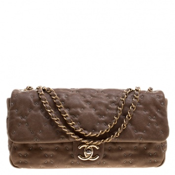 Pre Owned Chanel Taupe Quilted Wild Stitch Caviar Leather Classic Flap Shoulder Bag