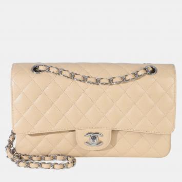 Pre Owned Chanel Double Flap Medium Beige Quilted Caviar Handbag