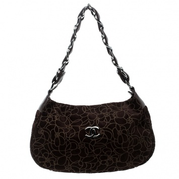 Pre Owned Chanel Brown Suede Camellia Embossed Hobo