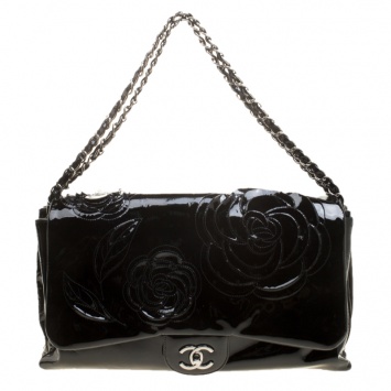 Pre Owned Chanel Black Patent Leather Camellia Accordion 3 Classic Flap Bag