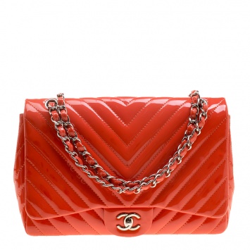 Pre Owned Chanel Coral Quilted Patent Leather Chevron Jumbo Classic Flap Bag