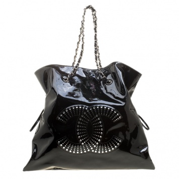 Pre Owned Chanel Black Patent Leather Crystal CC Bon Bon Tote 