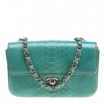 Pre Owned Chanel Turquoise Python New Mini Classic Single Flap Bag
