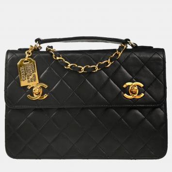 Pre Owned Chanel Double Turnlock Vintage Black Lambskin Top Handle Bag