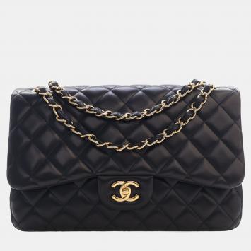 Pre Owned Chanel Classic Double Flap Jumbo Purple Metallic Lambskin Leather Shoulder Bag