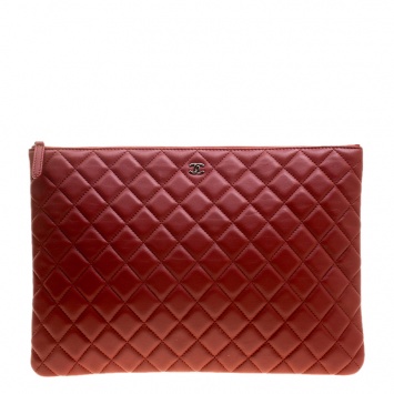 Pre Owned Chanel Red Quilted Leather O-Case Clutch Bag