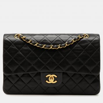 Pre Owned Chanel Classic Medium Black Lambskin Leather Double Flap Shoulder Bag