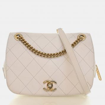 Pre Owned Chanel Camera Small White Caviar Grained Calfskin Leather Flap Shoulder Bag