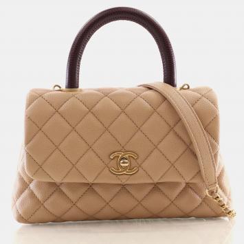 Pre Owned Chanel Coco Handle Small Beige Caviar Leather Lizard Embossed Top Handle Bag