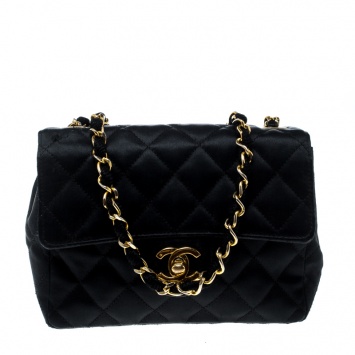 Pre Owned Chanel Black Quilted Satin Mini Vintage Classic Single Flap Bag