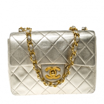 Pre Owned Chanel Light Gold Quilted Leather Mini Vintage Classic Single Flap Bag
