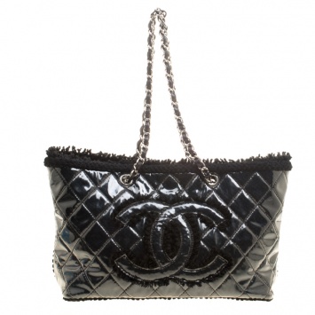 Pre Owned Chanel Black Quilted Vinyl and Tweed CC Tote