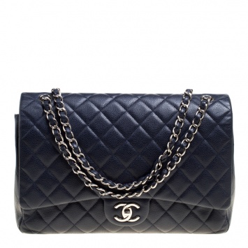 Pre Owned Chanel Navy Blue Quilted Leather Maxi Classic Single Flap Bag