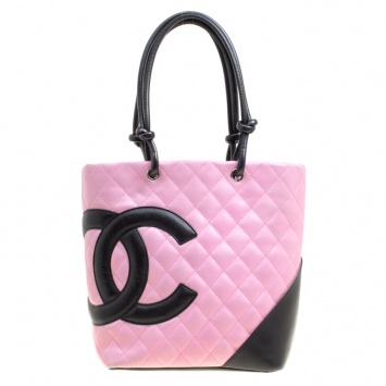 Pre Owned Chanel Pink/Black Quilted Leather Small Ligne Cambon Bucket Tote