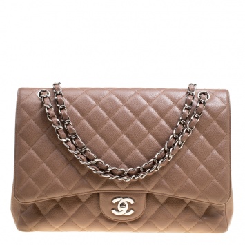 Pre Owned Chanel Pale Taupe Quilted Leather Maxi Classic Single Flap Bag