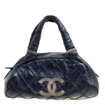 Pre Owned Chanel Navy Blue Quilted Leather CC Bowler Bag