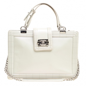 Pre Owned Chanel Off White Leather Reverso Boy Tote