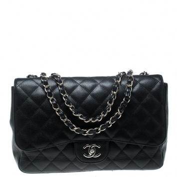 Pre Owned Chanel Black Quilted Caviar Leather Jumbo Classic Single Flap Bag