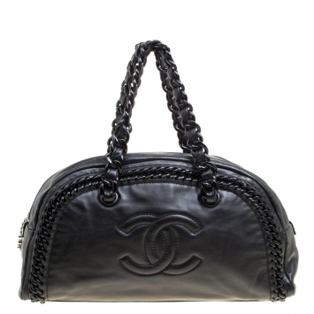 Pre Owned Chanel Black Leather CC Chain Around Bowling Bag
