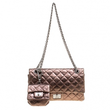Pre Owned Chanel Bronze Quilted Leather Reissue 2.55 Classic 225 Flap Bag with Coin Purse Accessories
