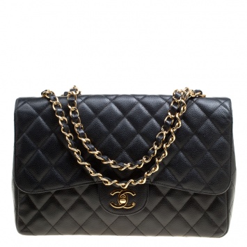 Pre Owned Chanel Black Quilted Caviar Leather Jumbo Classic Single Flap Bag