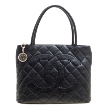 Pre Owned Chanel Black Quilted Caviar Medallion Tote