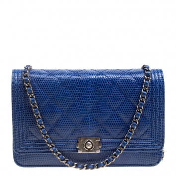 Pre Owned Chanel Blue Lizard Leather Boy Wallet On Chain 