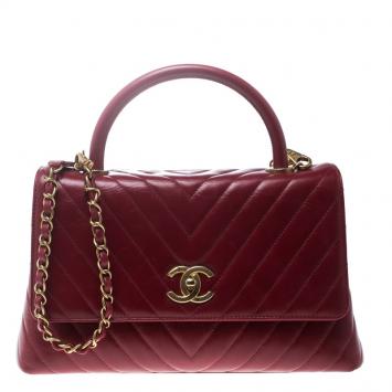 Pre Owned Chanel Red Chevron Quilted Leather Small Coco Top Handle Bag