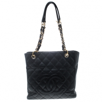 Pre Owned Chanel Black Quilted Caviar Leather Petite Shopping Tote