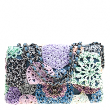 Pre Owned Chanel Multicolor Crochet and Leather Medium Classic Single Flap Bag