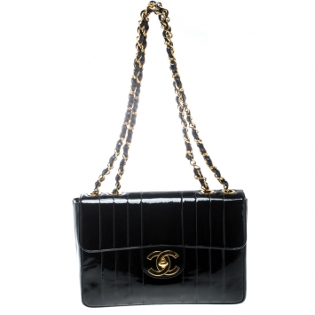Pre Owned Chanel Black Vertical Quilted Patent Leather Jumbo Vintage Classic Single Flap Bag