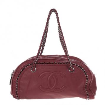 Pre Owned Chanel Maroon Leather Chain Trim Luxe Ligne Bowler Boston Duffle Bag