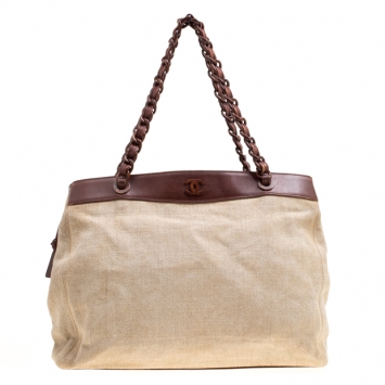 Pre Owned Chanel Beige/Brown Canvas and Leather Vintage CC Tote