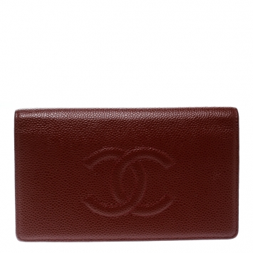 Pre Owned Chanel Burgundy Caviar Leather CC Long Bifold Wallet