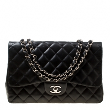 Pre Owned Chanel Black Quilted Leather Jumbo Classic Single Flap Bag