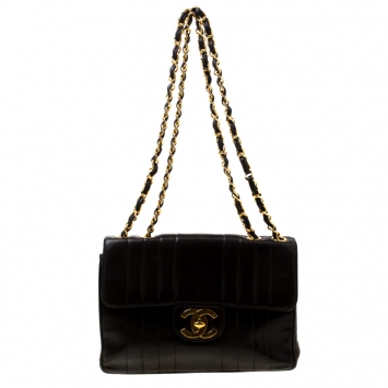 Pre Owned Chanel Black Vertical Quilted Leather Jumbo Vintage Classic Single Flap Bag