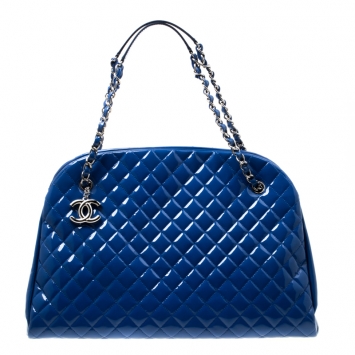 Pre Owned Chanel Blue Quilted Patent Leather Large Just Mademoiselle Bowling Bag