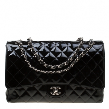 Pre Owned Chanel Black Quilted Patent Leather Maxi Classic Single Flap Bag