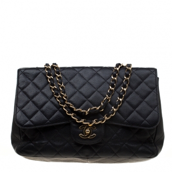 Pre Owned Chanel Black Quilted Caviar Leather Jumbo Classic Single Flap Bag