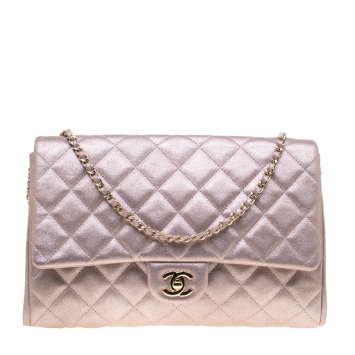 Pre Owned Chanel Pink Blush Glitter Quilted Leather Chain Clutch