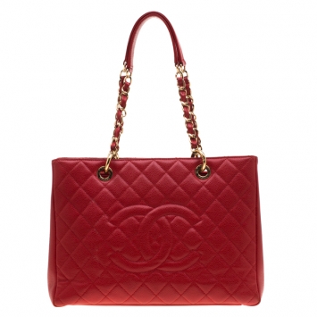 Pre Owned Chanel Red Quilted Caviar Leather Grand Shopper Tote
