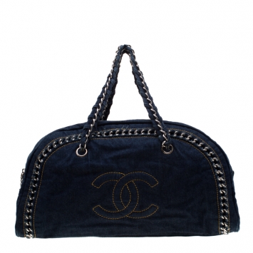 Pre Owned Chanel Navy Blue Denim Large Chain Trim Luxe Ligne Bowler Bag