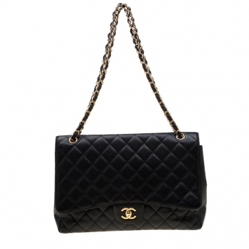 Pre Owned Chanel Black Quilted Caviar Leather Maxi Classic Single Flap Bag