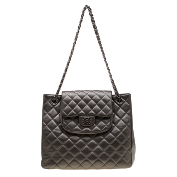 Pre Owned Chanel Dark Grey Quilted Leather Front Flap Pocket Tote