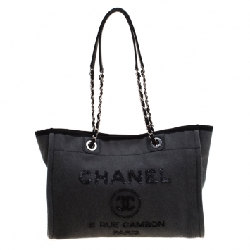 Pre Owned Chanel Grey Fabric Medium Deauville Tote