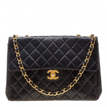 Pre Owned Chanel Black Leather Jumbo Classic Single Flap Bag