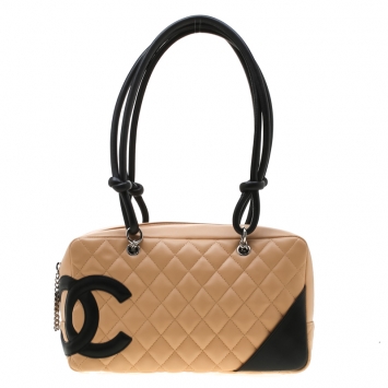 Pre Owned Chanel Beige Quilted Leather Cambon Ligne Bowler Bag