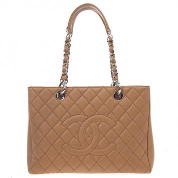 Pre Owned Chanel Camel Beige Caviar Grand Shopper Tote GST Bag